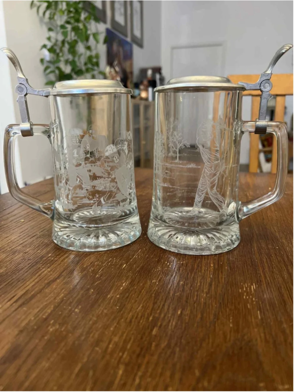 Vintage German Beer Stein Set Etched Glass Football Golf Sports Scenes Pewter